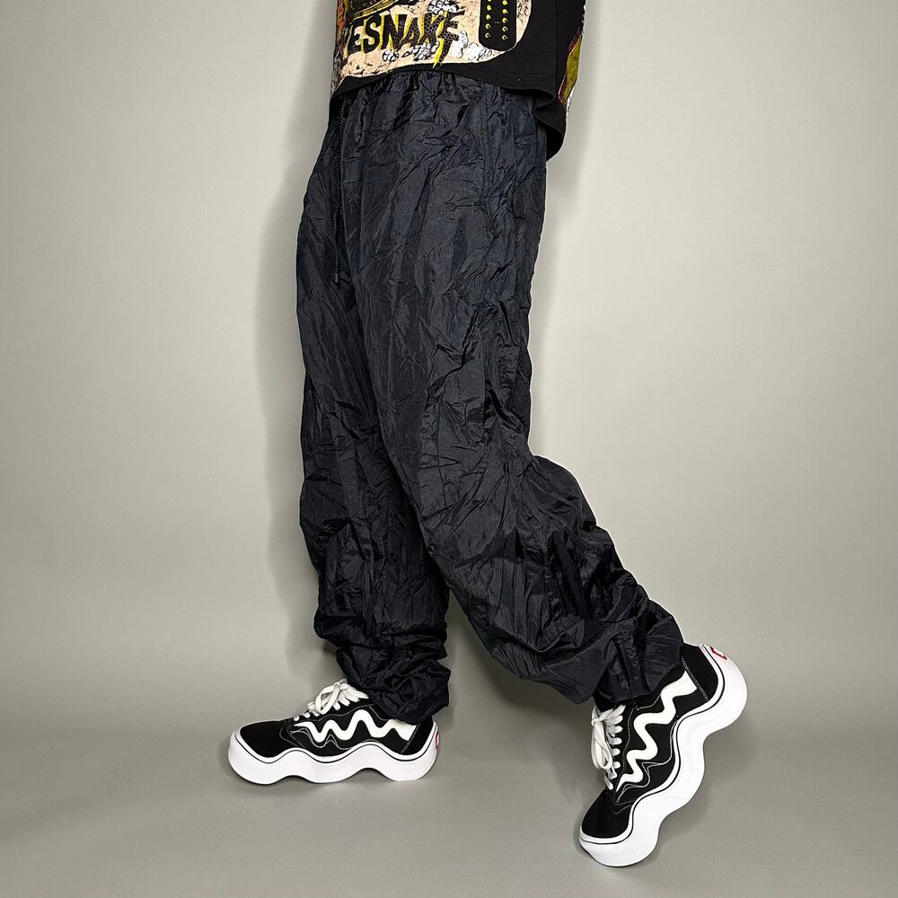 Vintage 90s Track Pants Mens XL Baggy Jet Black Nylon Joggers Elastic Cuffs